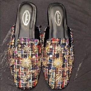 Multicolor Tweed Embellished Mules